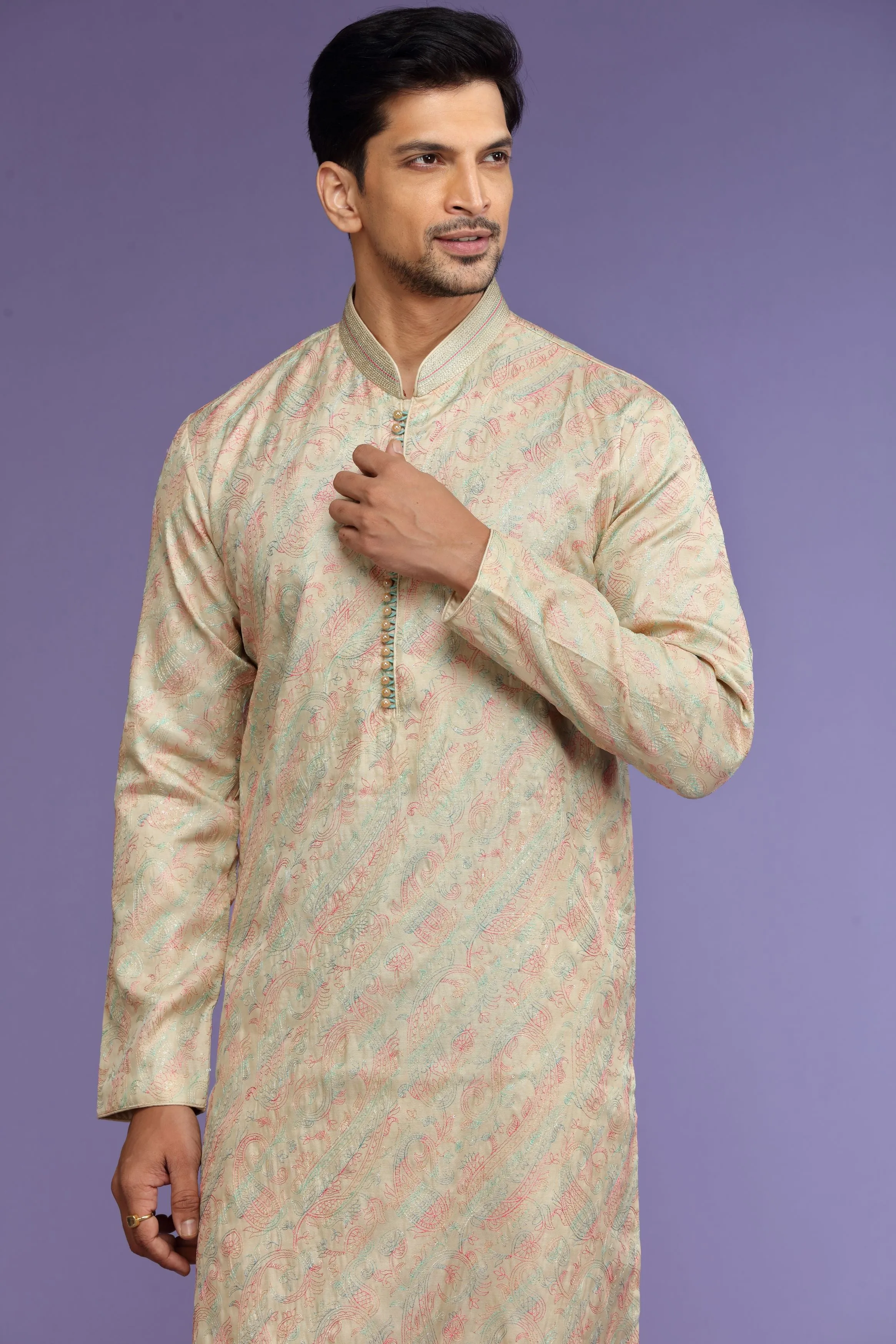 Ivory Embroidered Silk Kurta Set  Designed by Kora (Nilesh Mitesh)