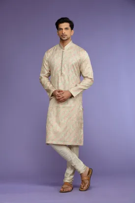 Ivory Embroidered Silk Kurta Set  Designed by Kora (Nilesh Mitesh)