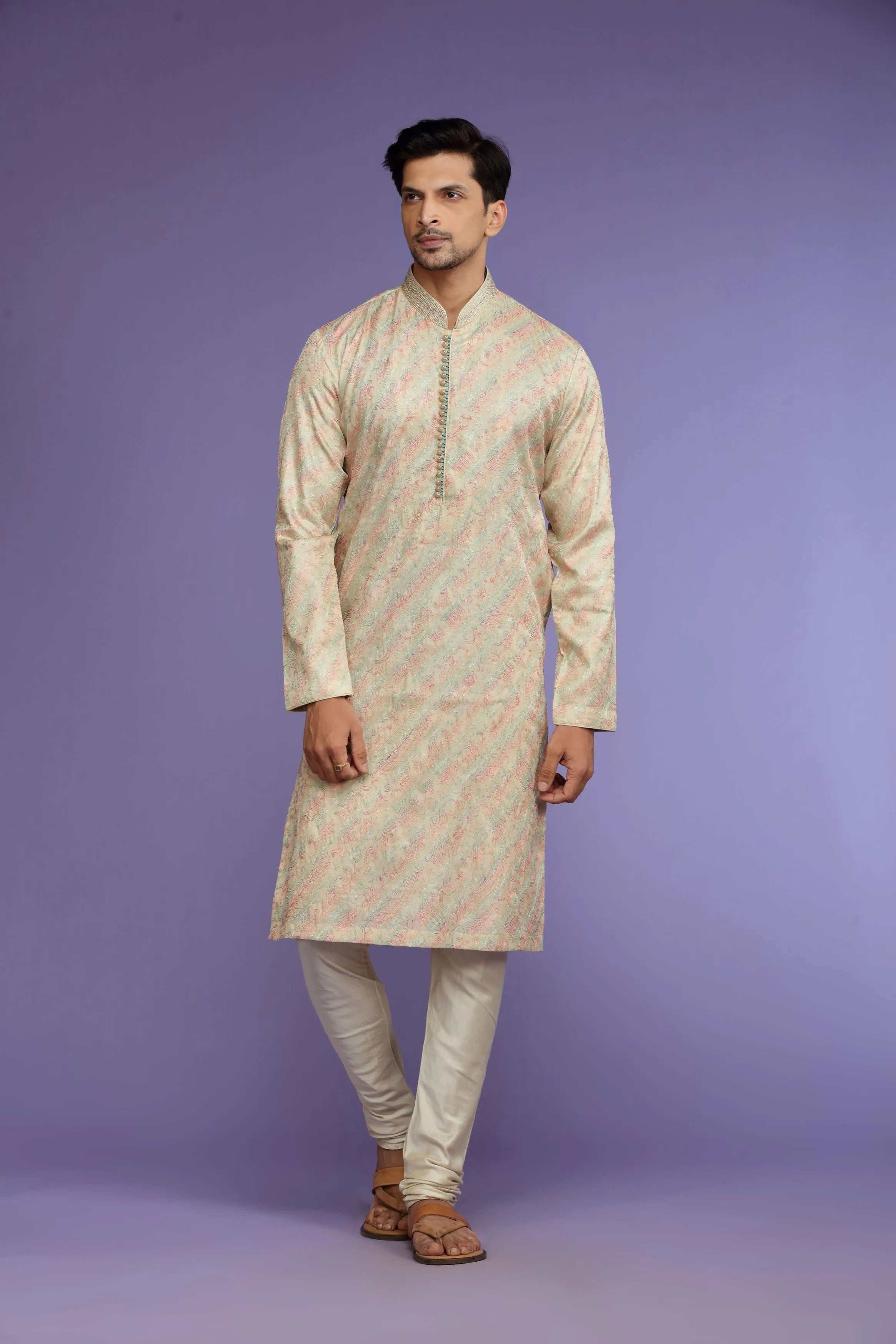 Ivory Embroidered Silk Kurta Set  Designed by Kora (Nilesh Mitesh)