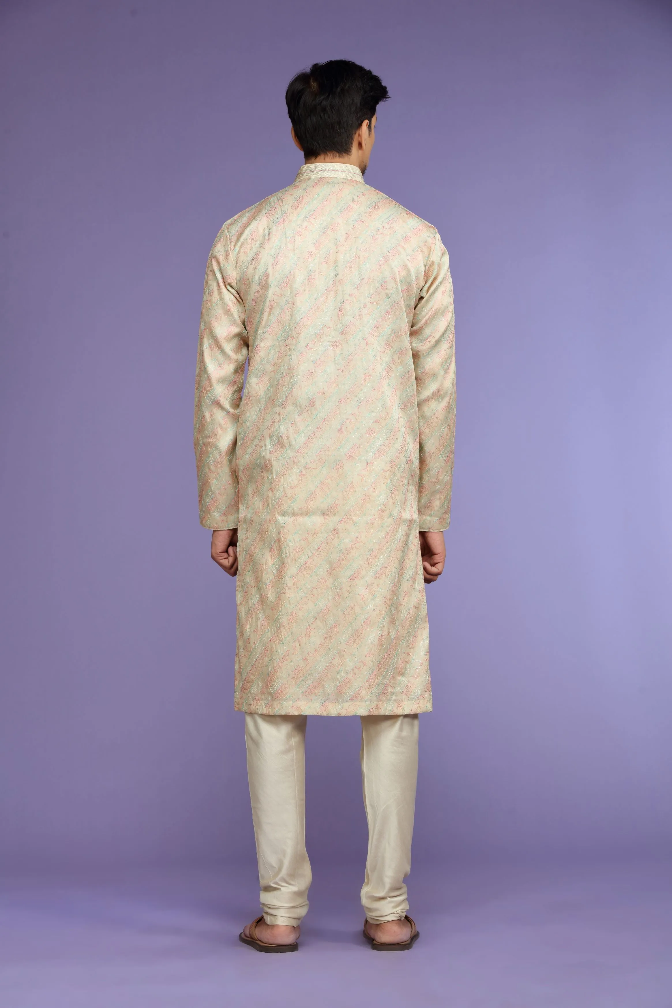 Ivory Embroidered Silk Kurta Set  Designed by Kora (Nilesh Mitesh)