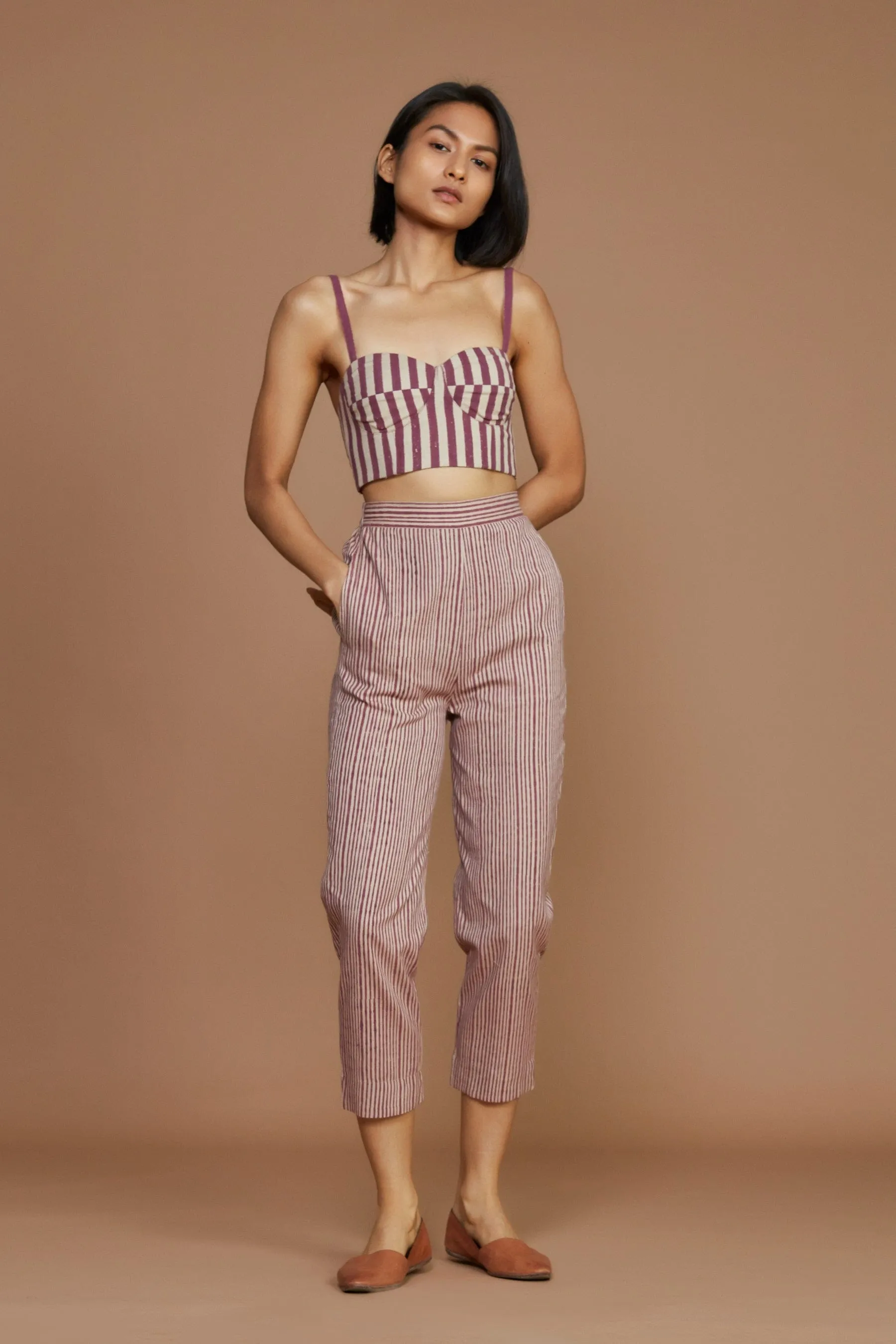 Ivory with Mauve Striped Corset & Pant Co-Ord Set (2 PCS)