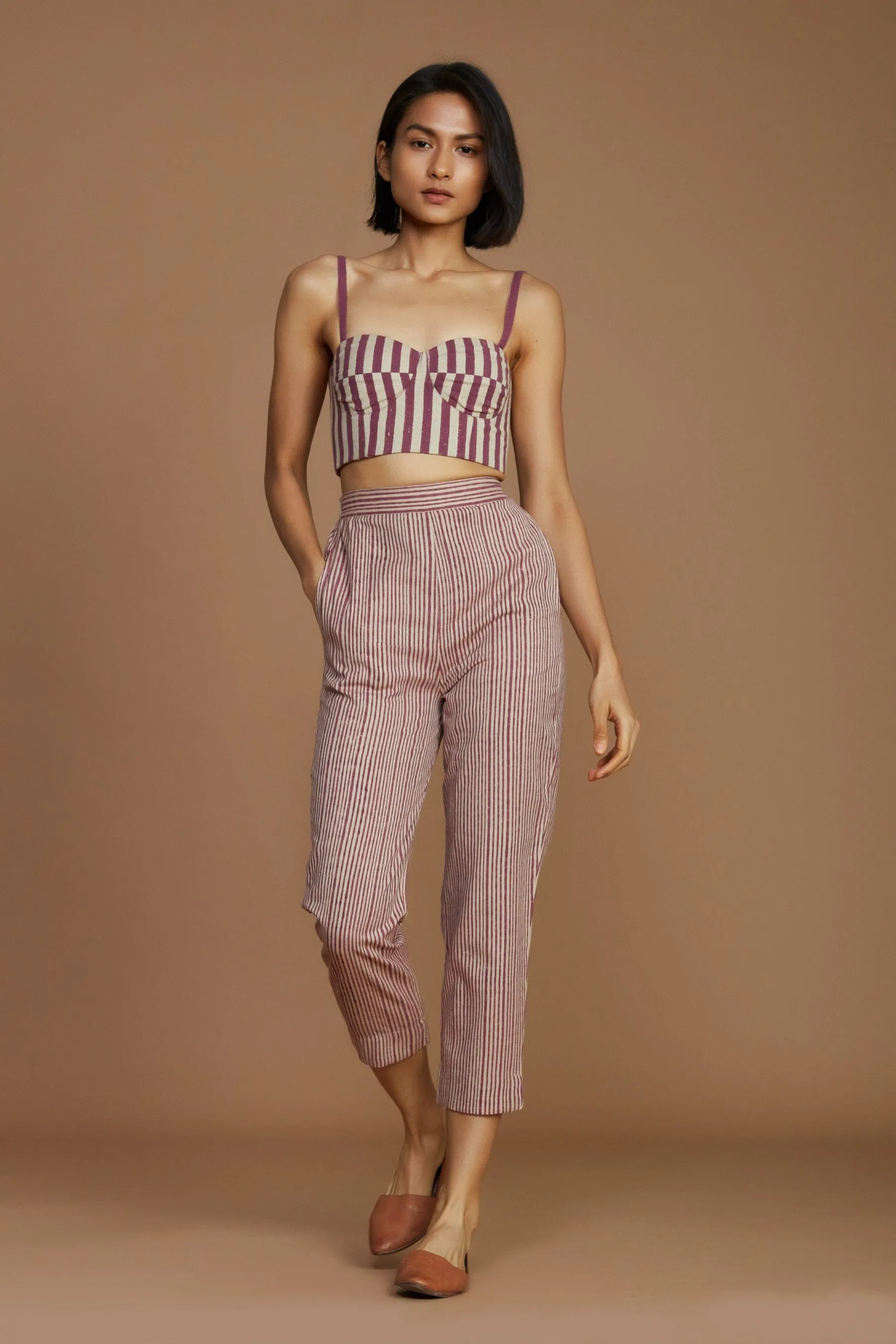 Ivory with Mauve Striped Corset & Pant Co-Ord Set (2 PCS)