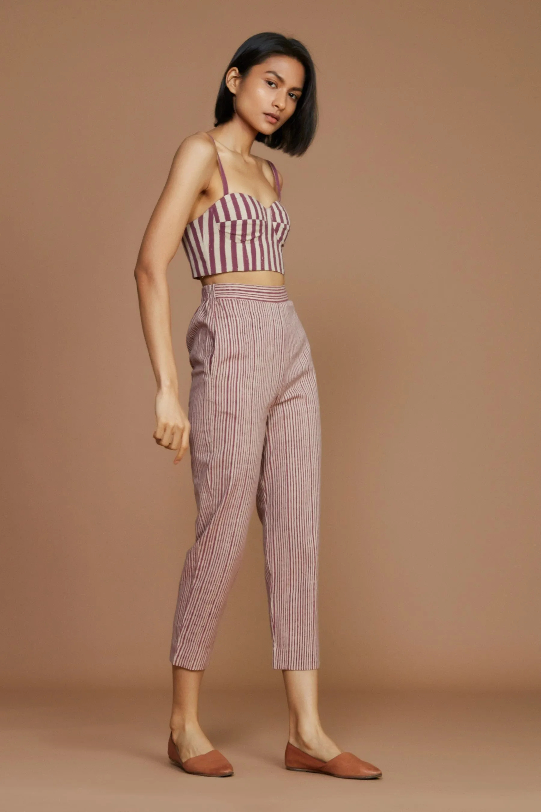 Ivory with Mauve Striped Corset & Pant Co-Ord Set (2 PCS)