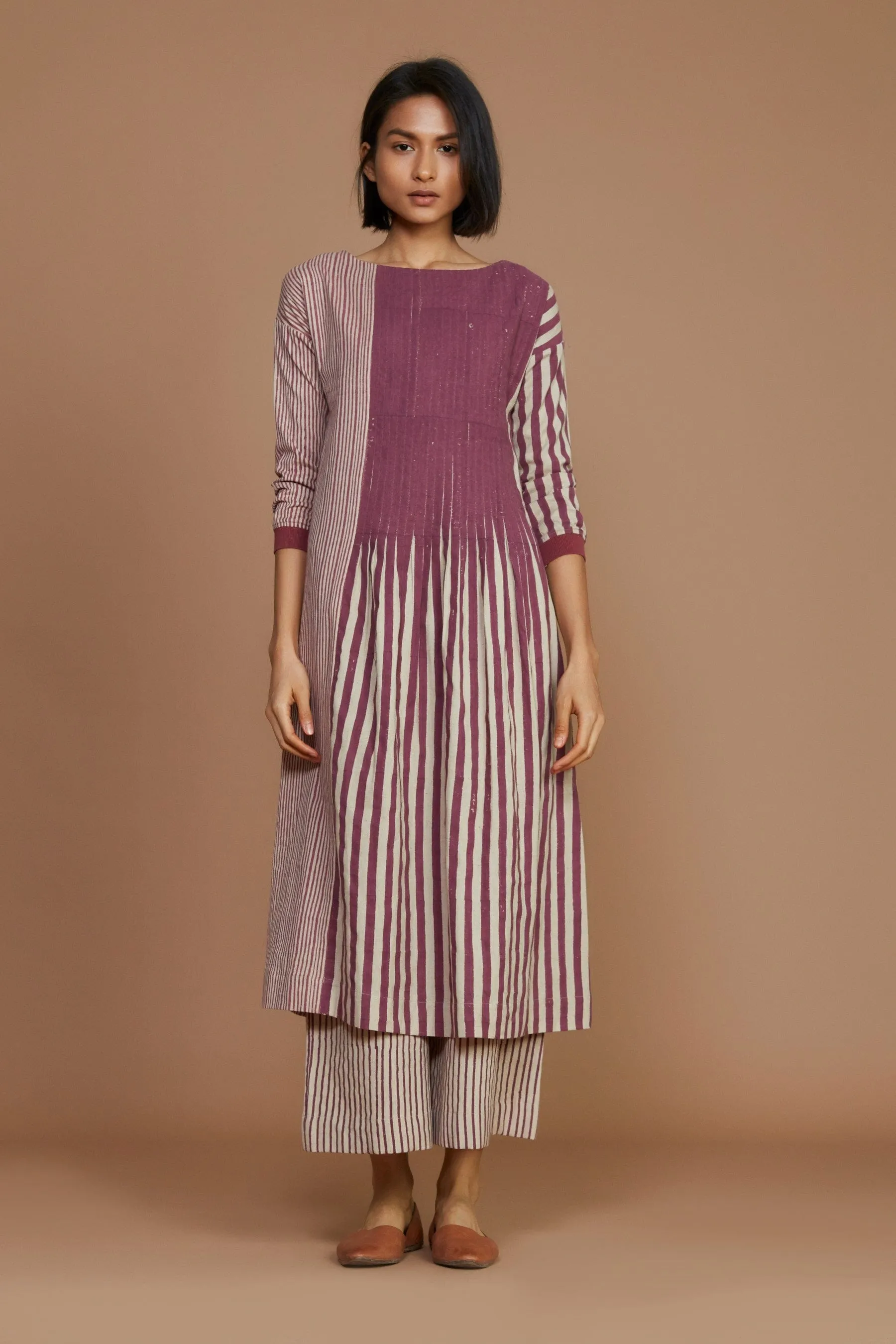 Ivory With Mauve Striped Pleated Co-Ord Set