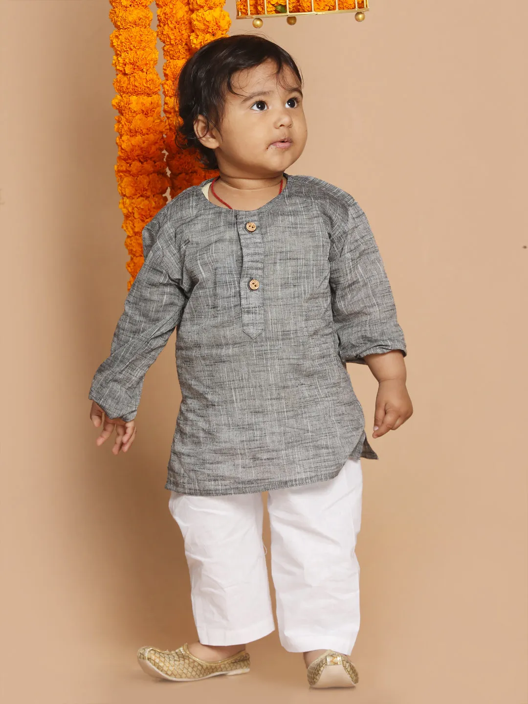 Jashvi SISHU Boys' Grey Cotton Kurta and White Pyjama Set