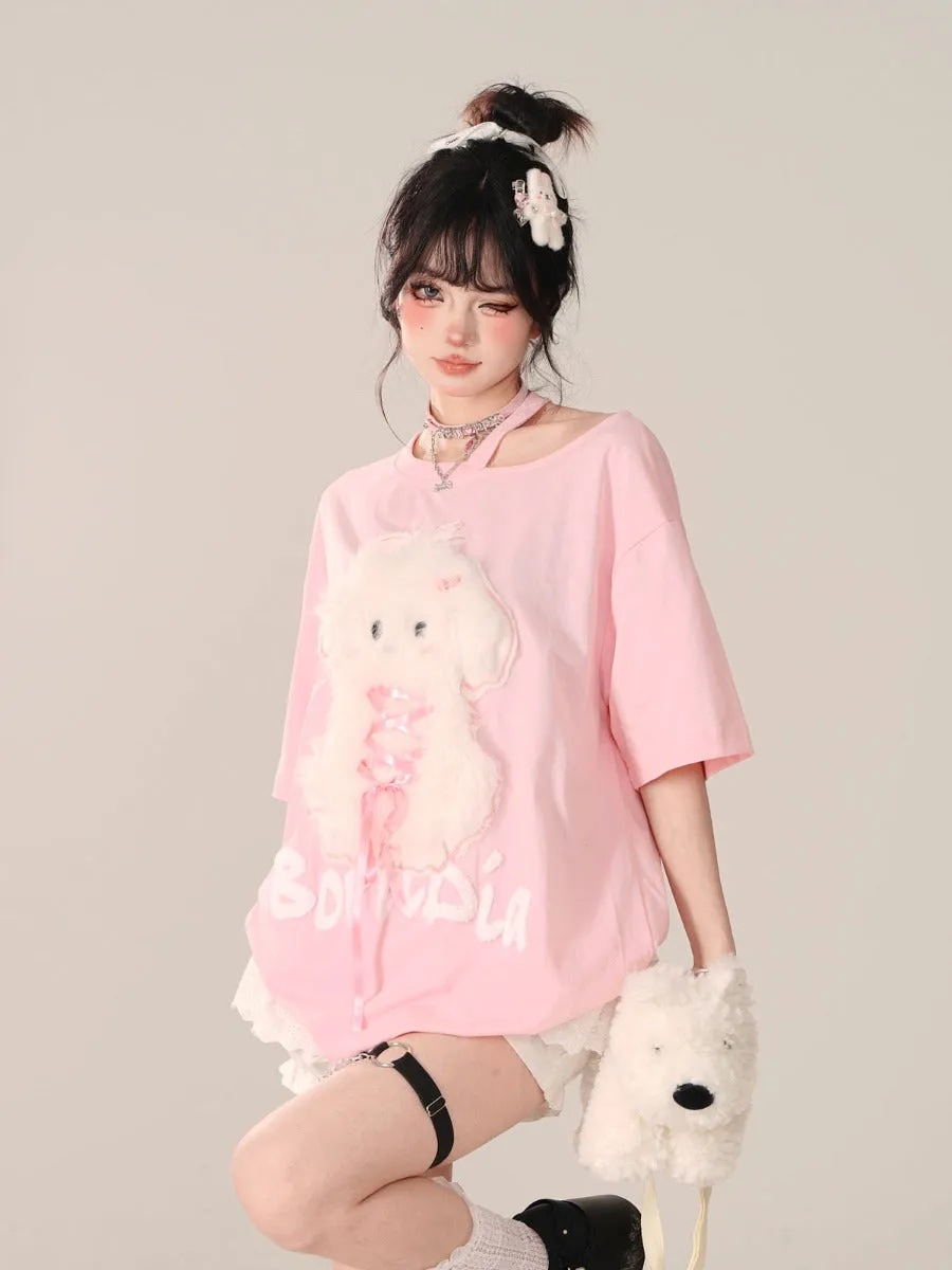 kellykitty pink off-shoulder loose short-sleeved T-shirt