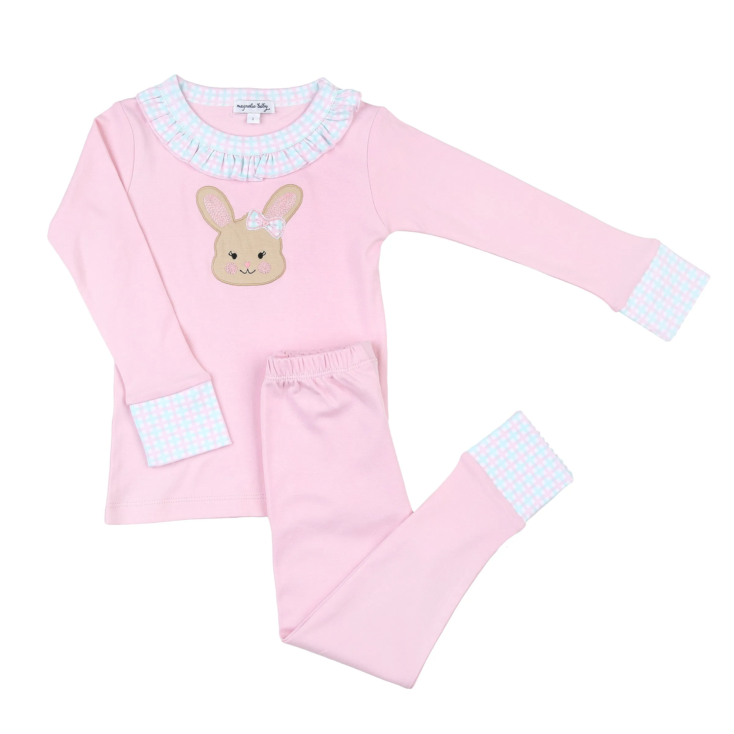 Magnolia Baby Ruffle Long Sleeve PJ Set - Happy Bunny Appliqué Pink