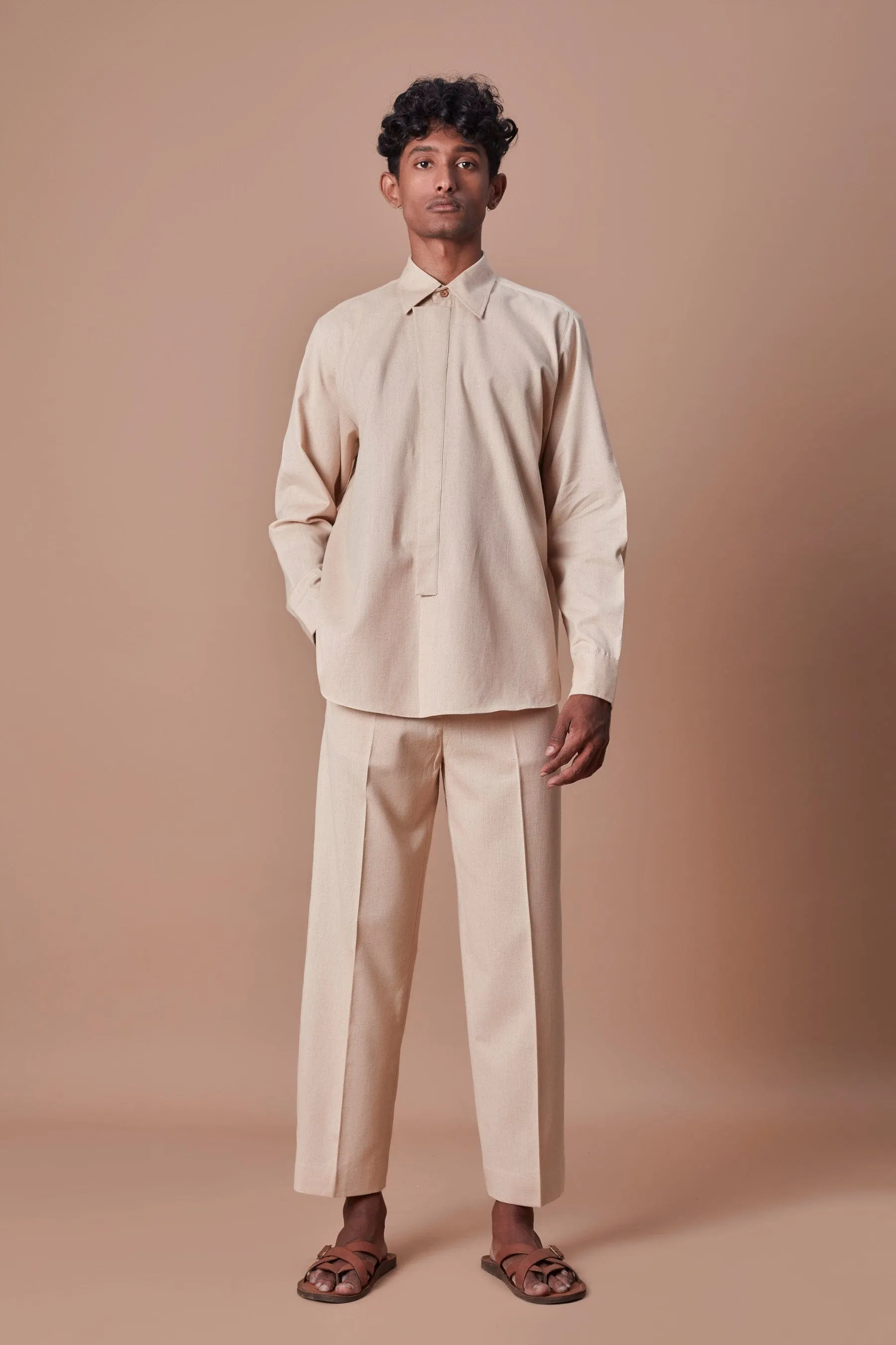 Mati Beige Placket Shirt & Ankle Pant Set (2 PCS)