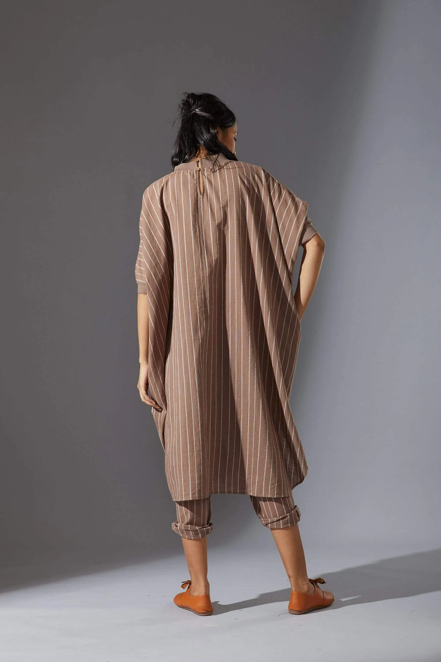 Mati Ribbed Collar Beige Cowl Tunic Set with Pants