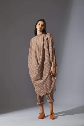 Mati Ribbed Collar Beige Cowl Tunic Set with Pants