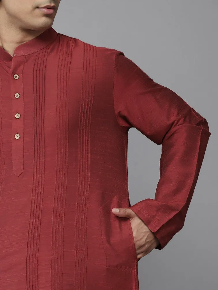 Men Red Cotton Slik Straight Kurta With Pyjama