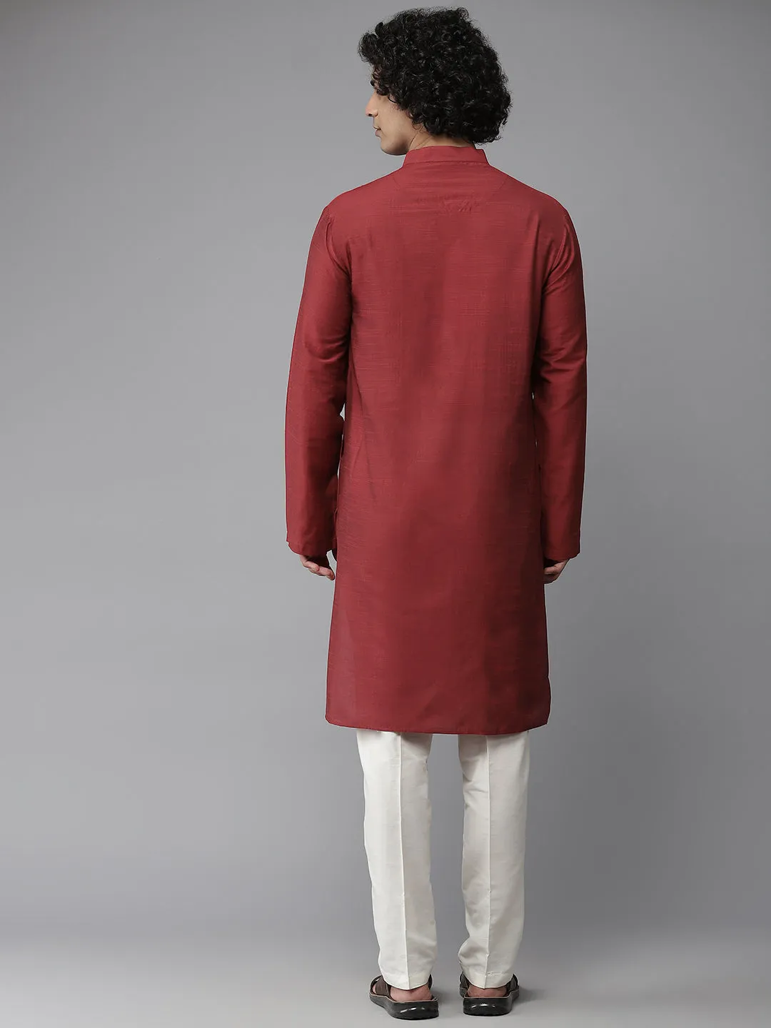 Men Red Cotton Slik Straight Kurta With Pyjama