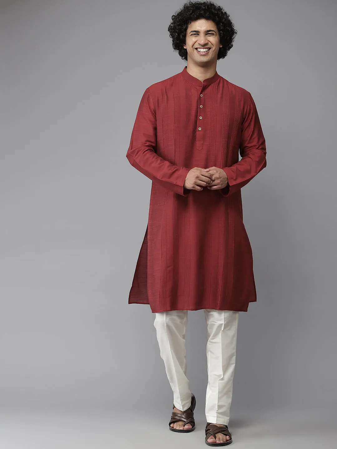 Men Red Cotton Slik Straight Kurta With Pyjama