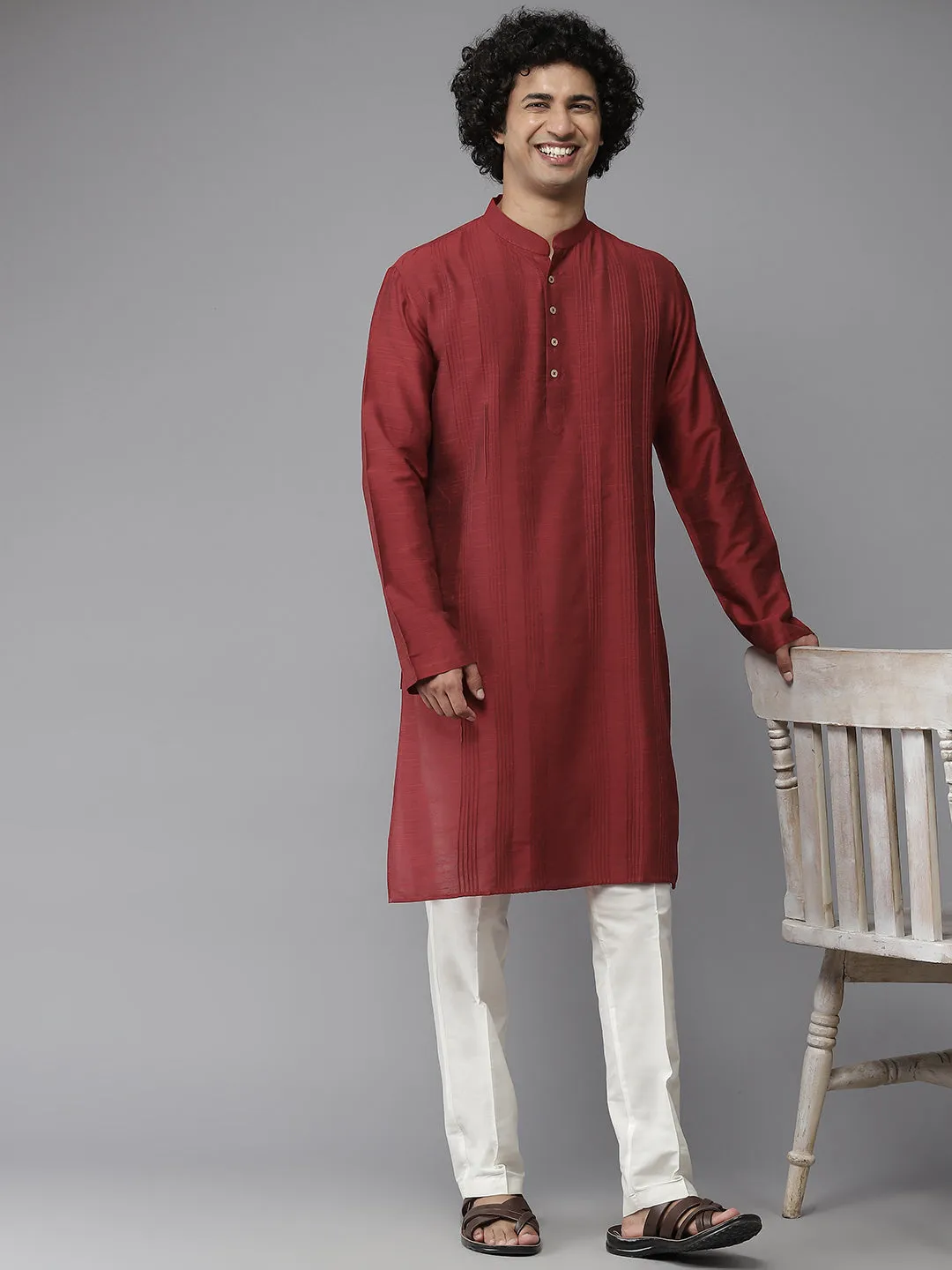 Men Red Cotton Slik Straight Kurta With Pyjama