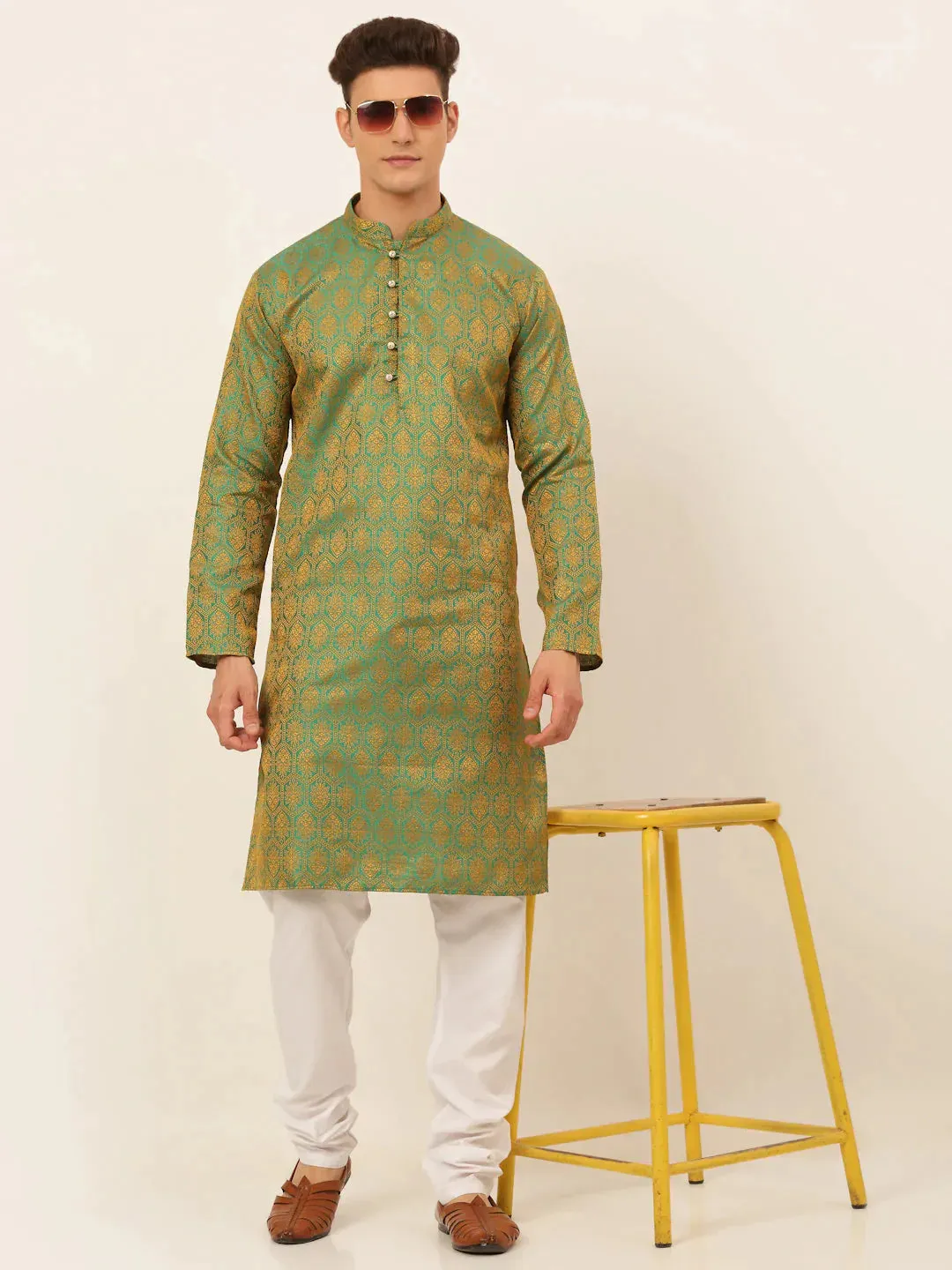 Men'S Green And Golden Woven Design Kurta Pajama