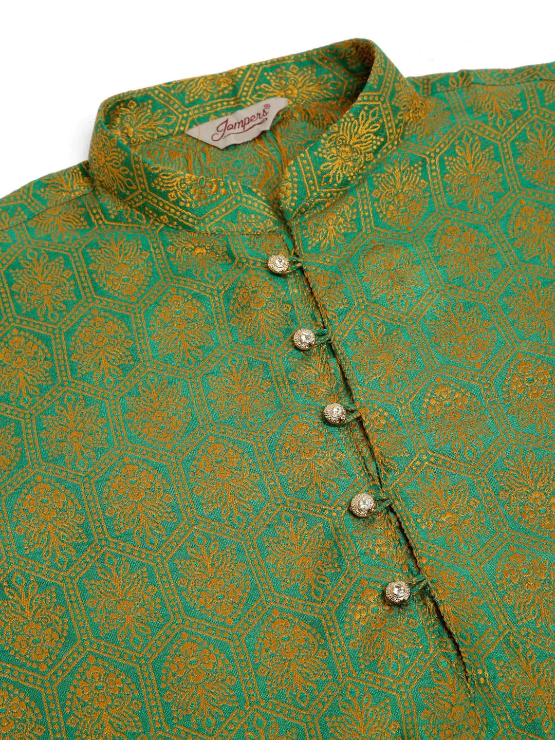 Men'S Green And Golden Woven Design Kurta Pajama