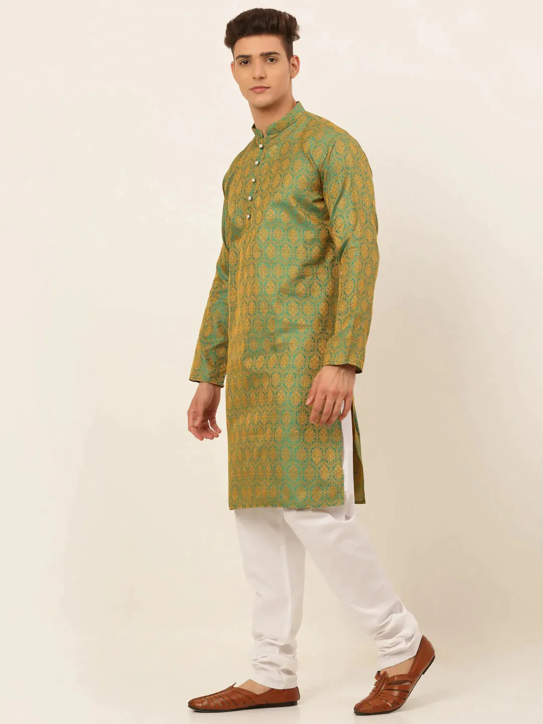 Men'S Green And Golden Woven Design Kurta Pajama