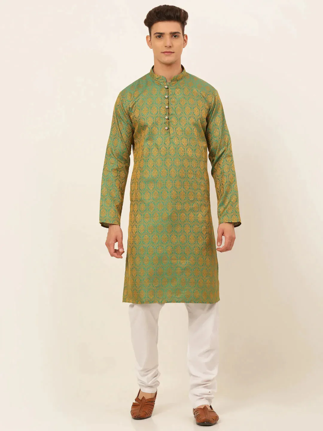 Men'S Green And Golden Woven Design Kurta Pajama