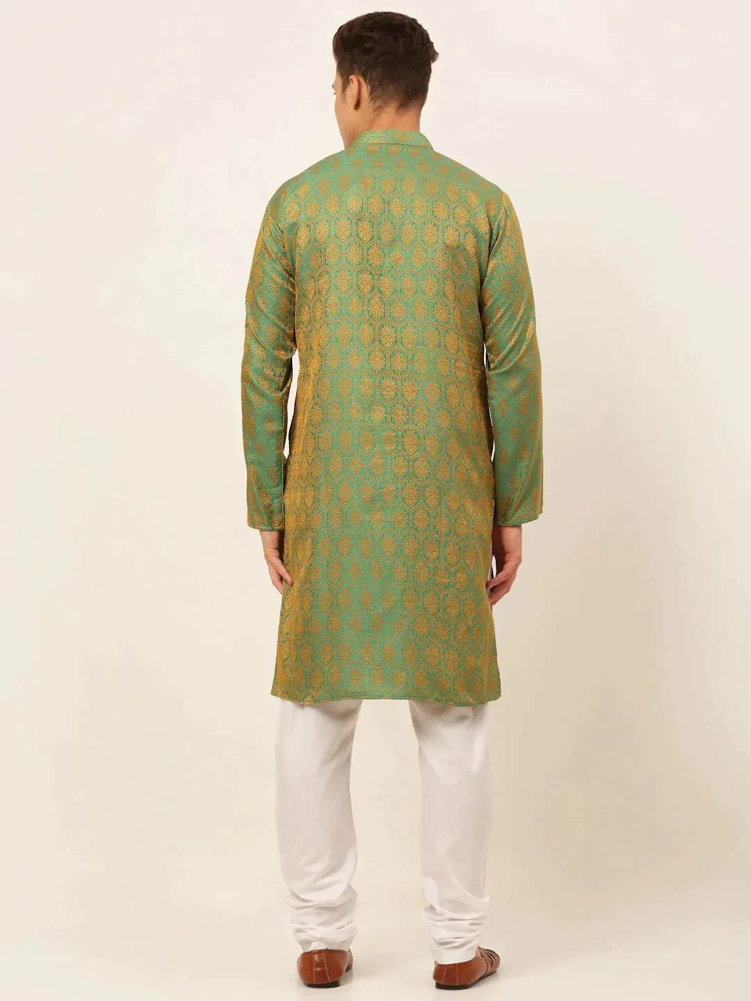 Men'S Green And Golden Woven Design Kurta Pajama