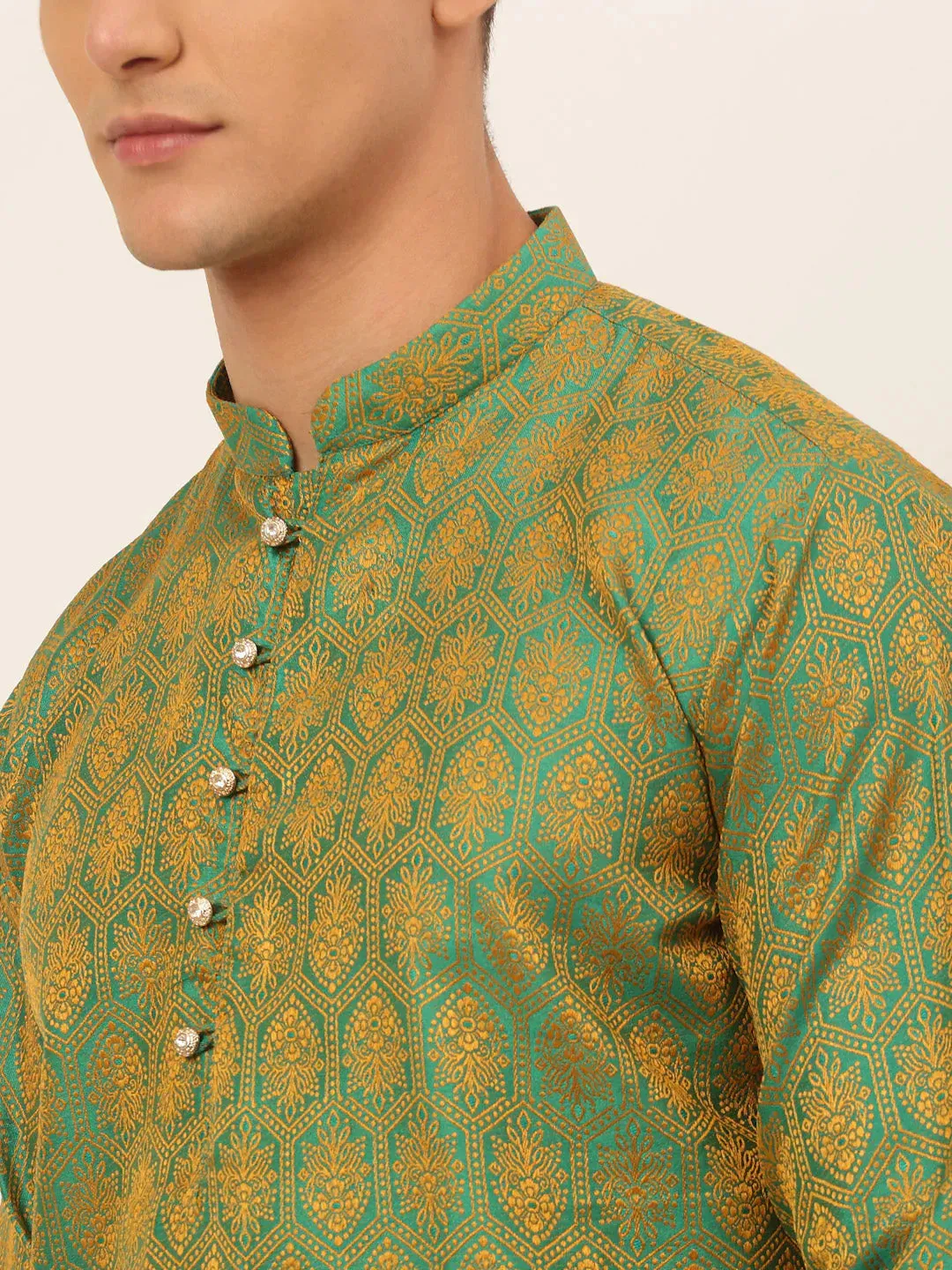 Men'S Green And Golden Woven Design Kurta Pajama