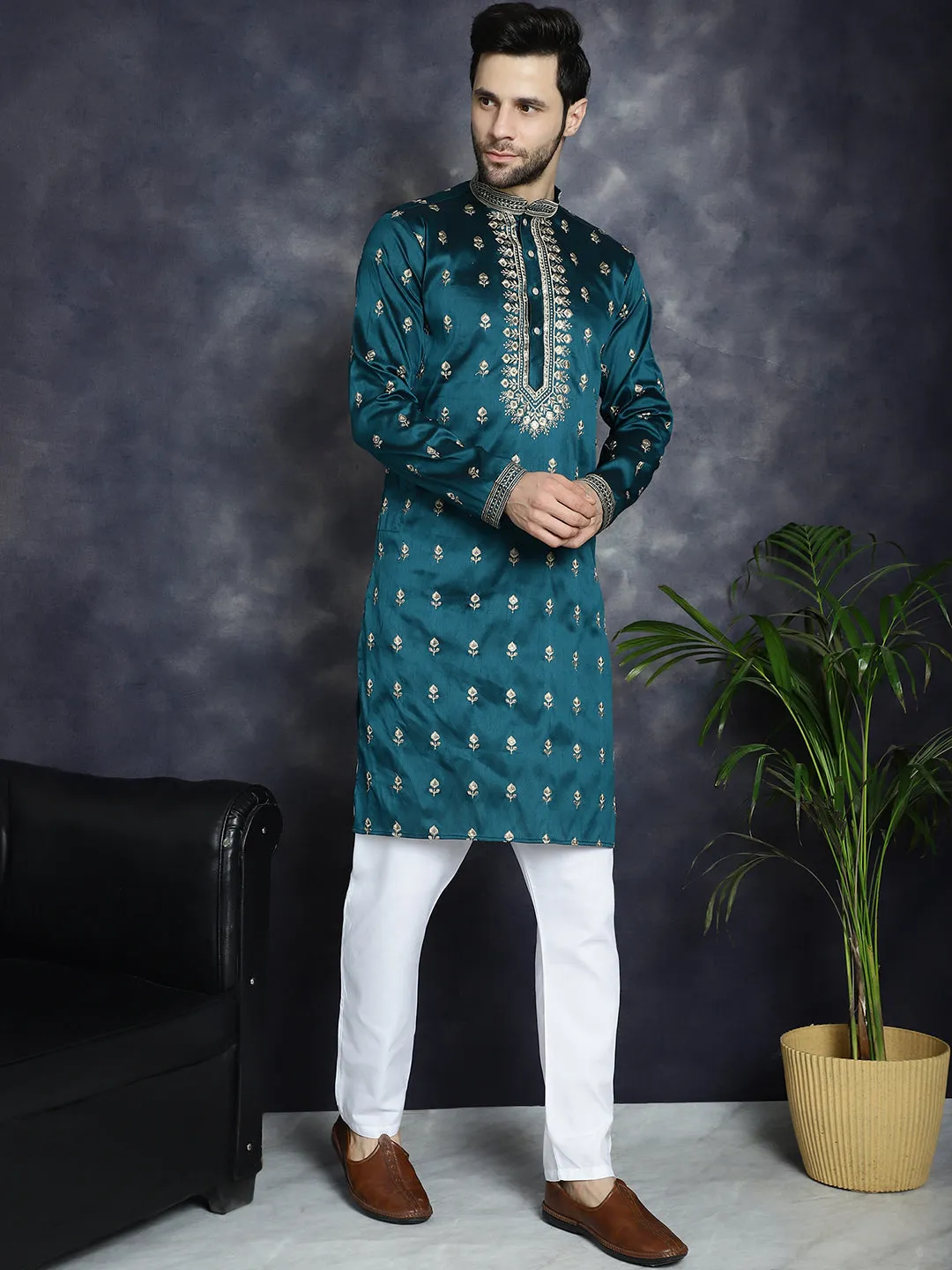 Men'S Peacock Blue Chikankari Embroidered Kurta With Pyjama