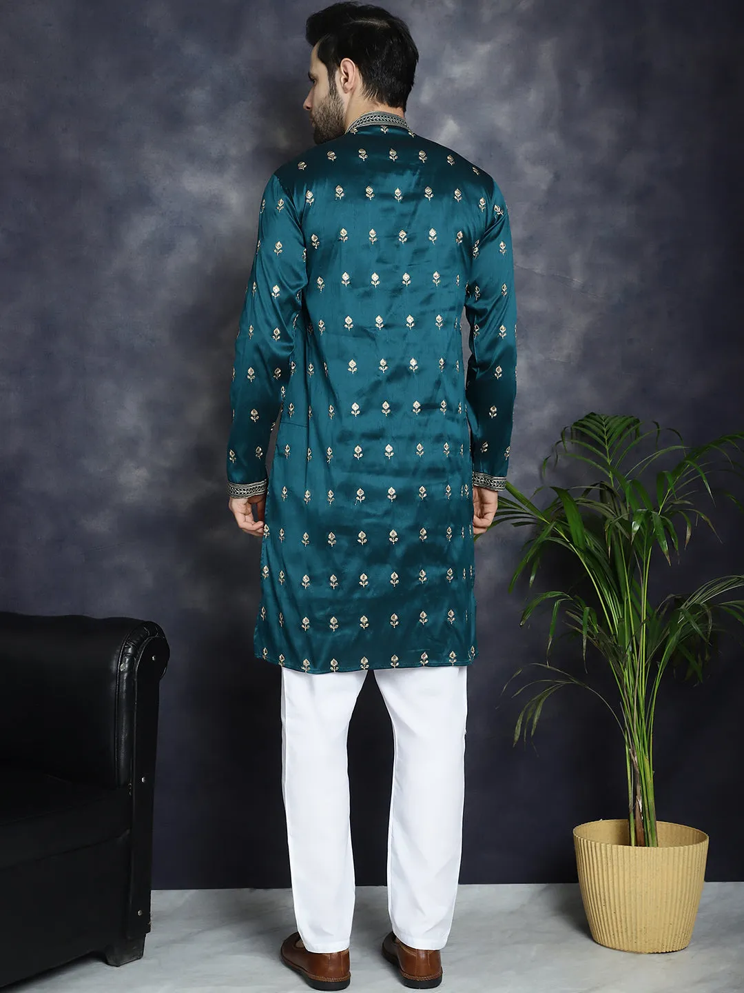 Men'S Peacock Blue Chikankari Embroidered Kurta With Pyjama