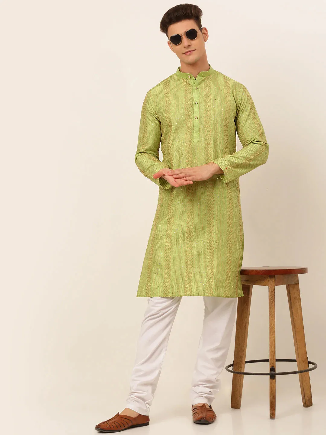 Men'S Pista Green Embroiderd Kurta Pajama