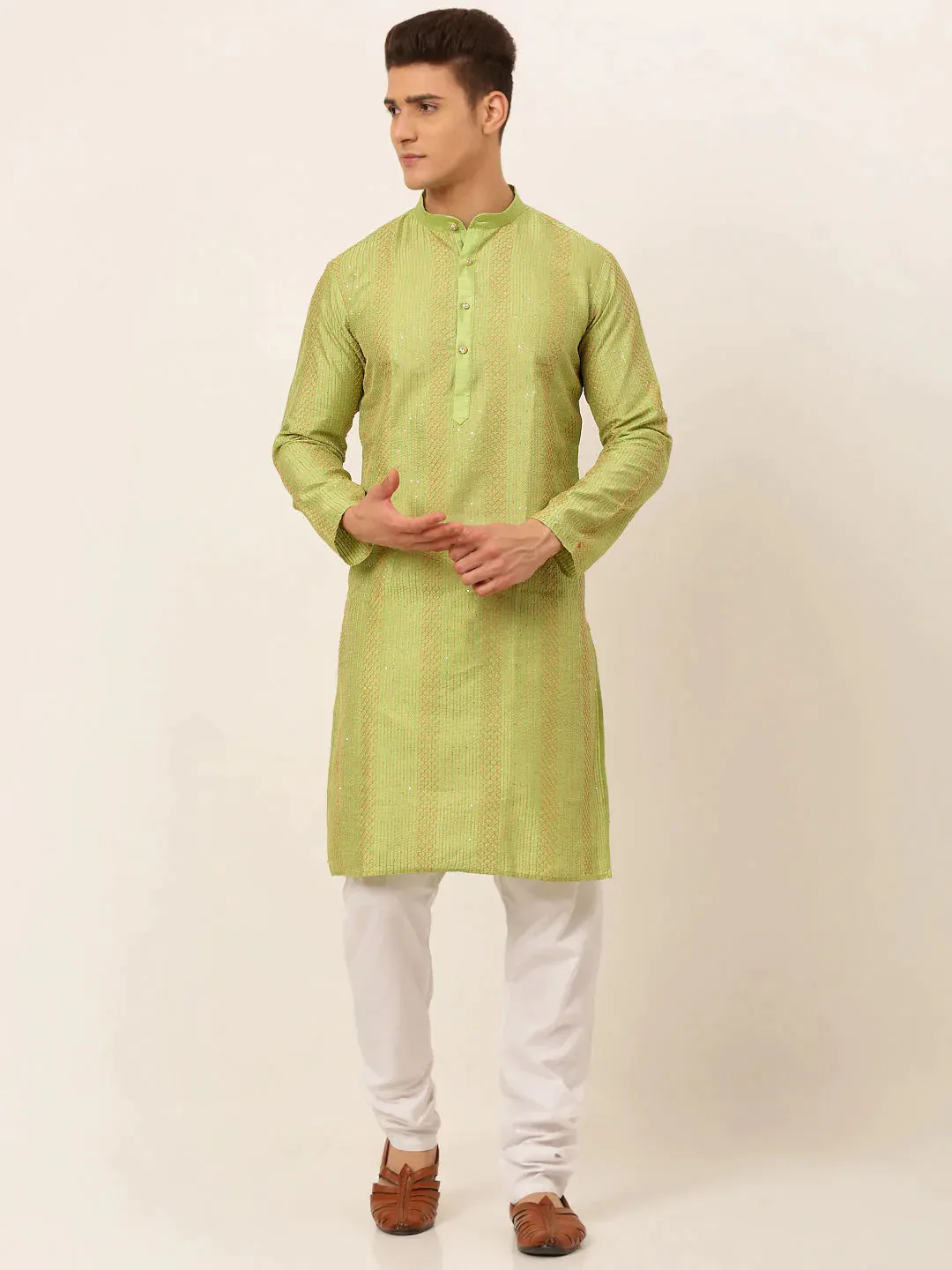 Men'S Pista Green Embroiderd Kurta Pajama