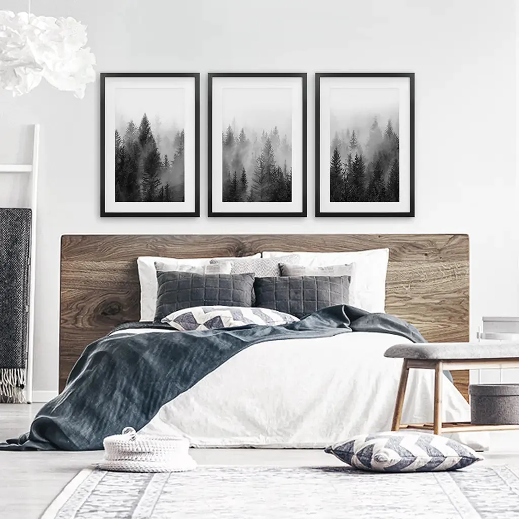 Misty Trees Wall Art. Black White Pine Forest Prints