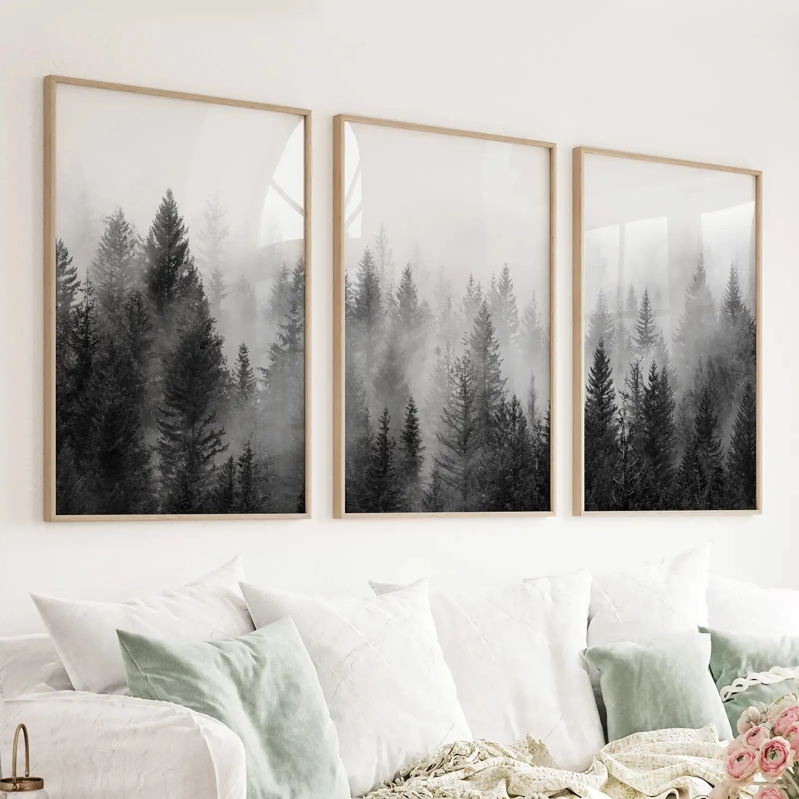 Misty Trees Wall Art. Black White Pine Forest Prints