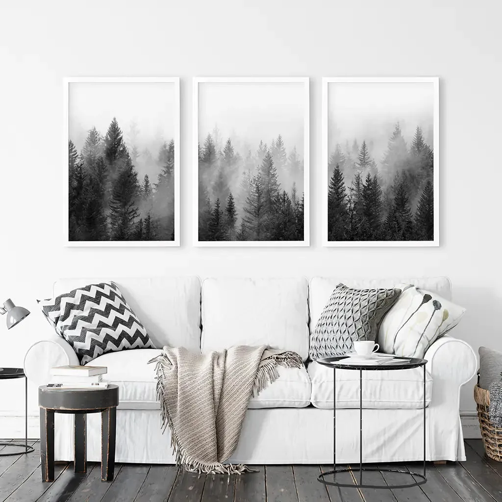 Misty Trees Wall Art. Black White Pine Forest Prints