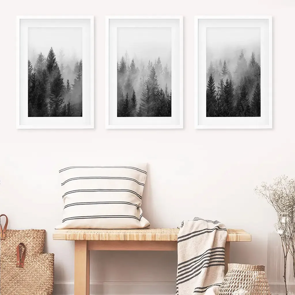 Misty Trees Wall Art. Black White Pine Forest Prints