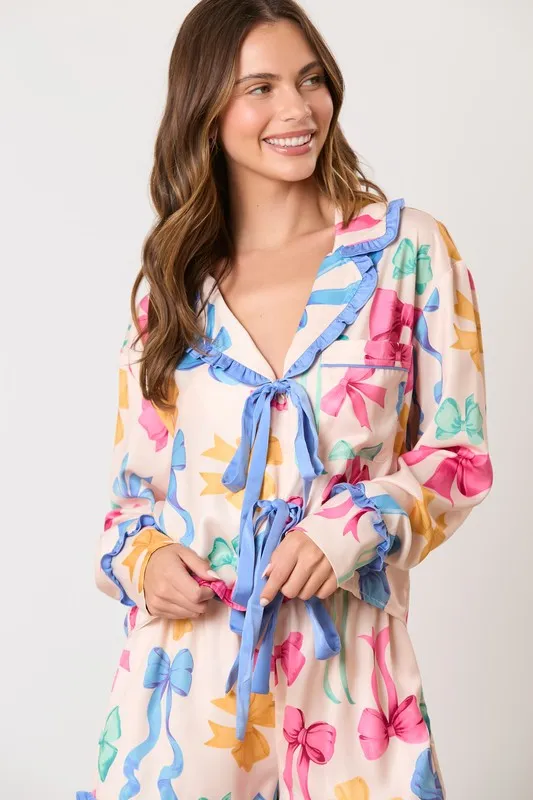 Multi Color Ribbon Printed Pajama Shirt