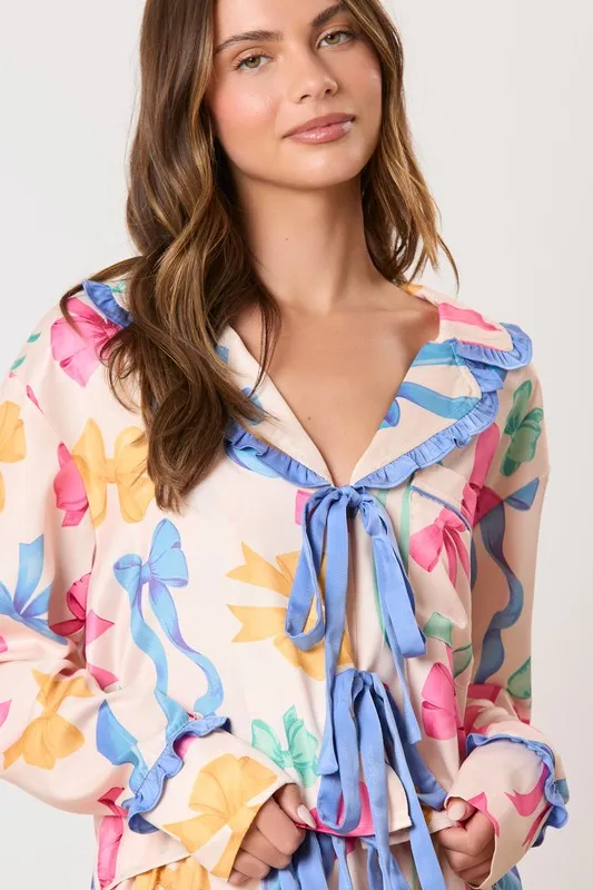 Multi Color Ribbon Printed Pajama Shirt