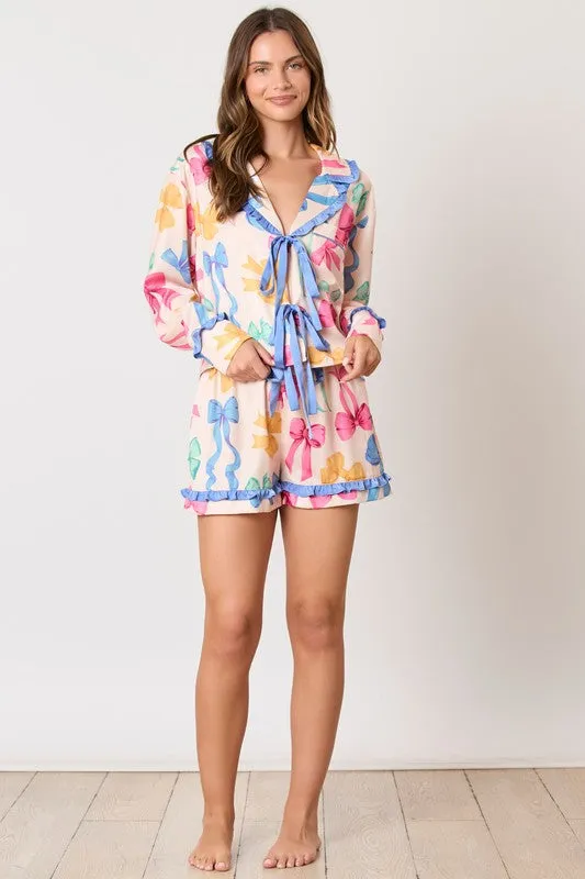 Multi Color Ribbon Printed Pajama Shirt