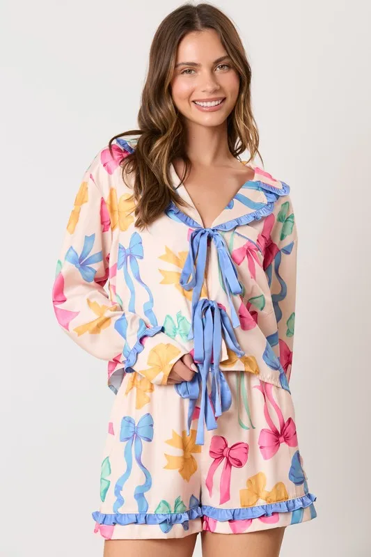 Multi Color Ribbon Printed Pajama Shirt