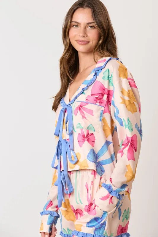 Multi Color Ribbon Printed Pajama Shirt