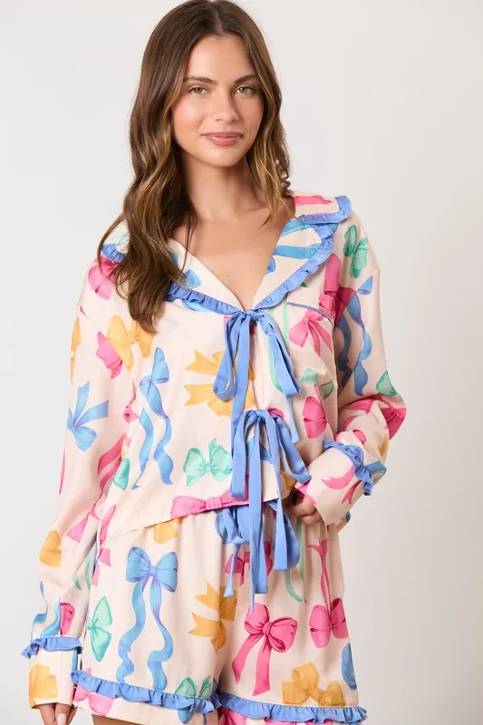 Multi Color Ribbon Printed Pajama Shirt