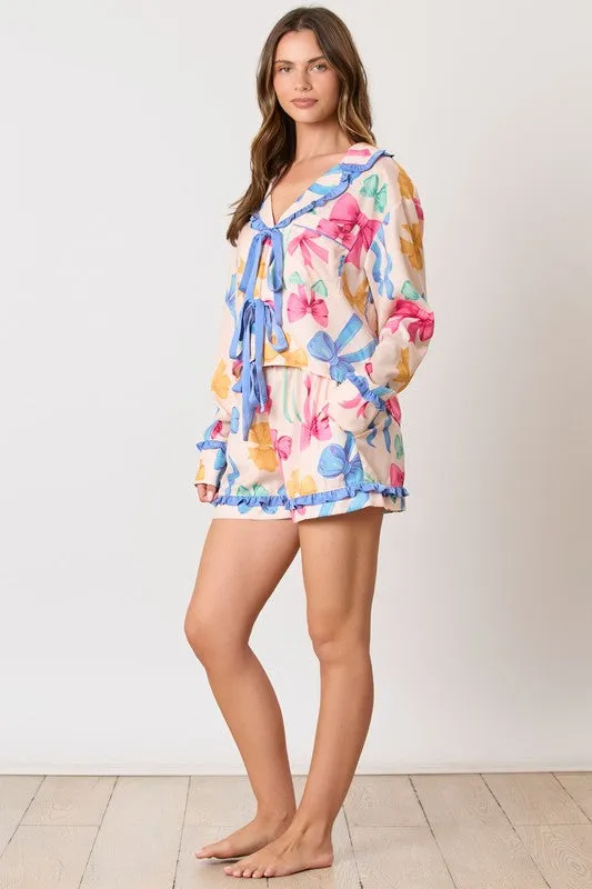 Multi Color Ribbon Printed Pajama Shirt