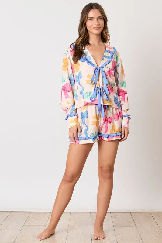 Multi Color Ribbon Printed Pajama Shorts