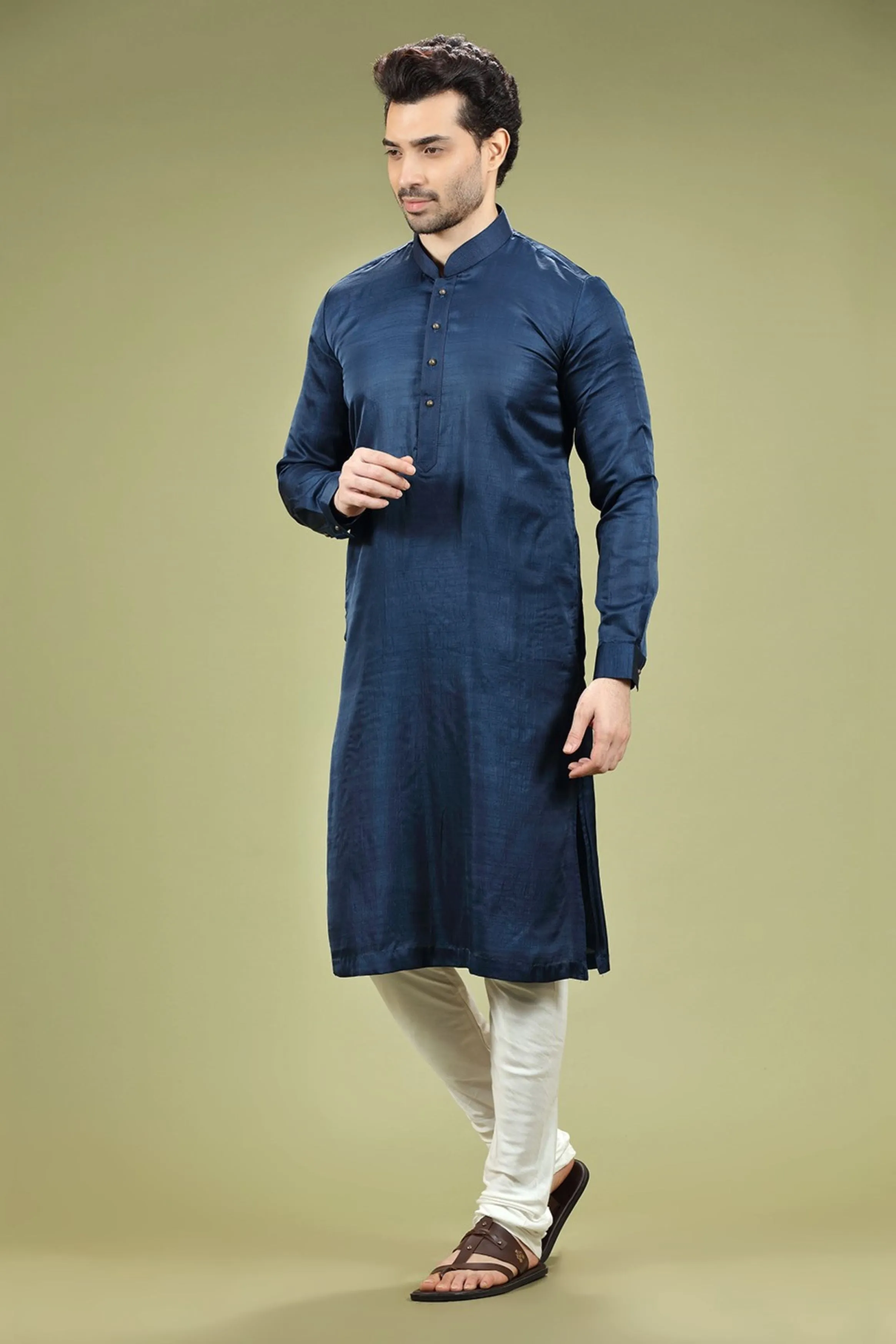 Navy Blue Solid Linen Kurta Set Designed by Kora (Nilesh Mitesh)