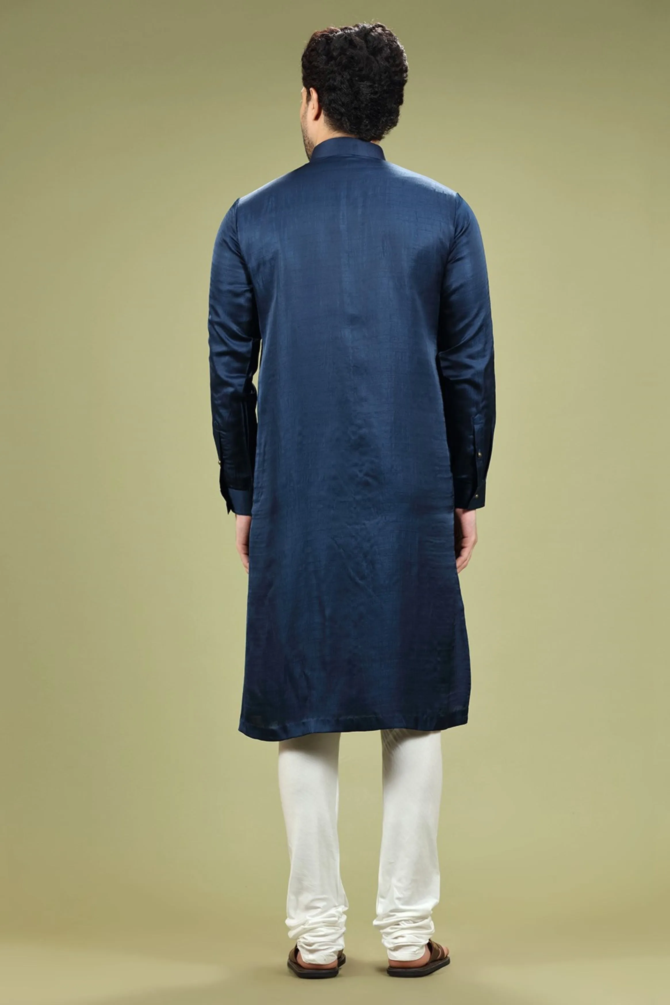 Navy Blue Solid Linen Kurta Set Designed by Kora (Nilesh Mitesh)