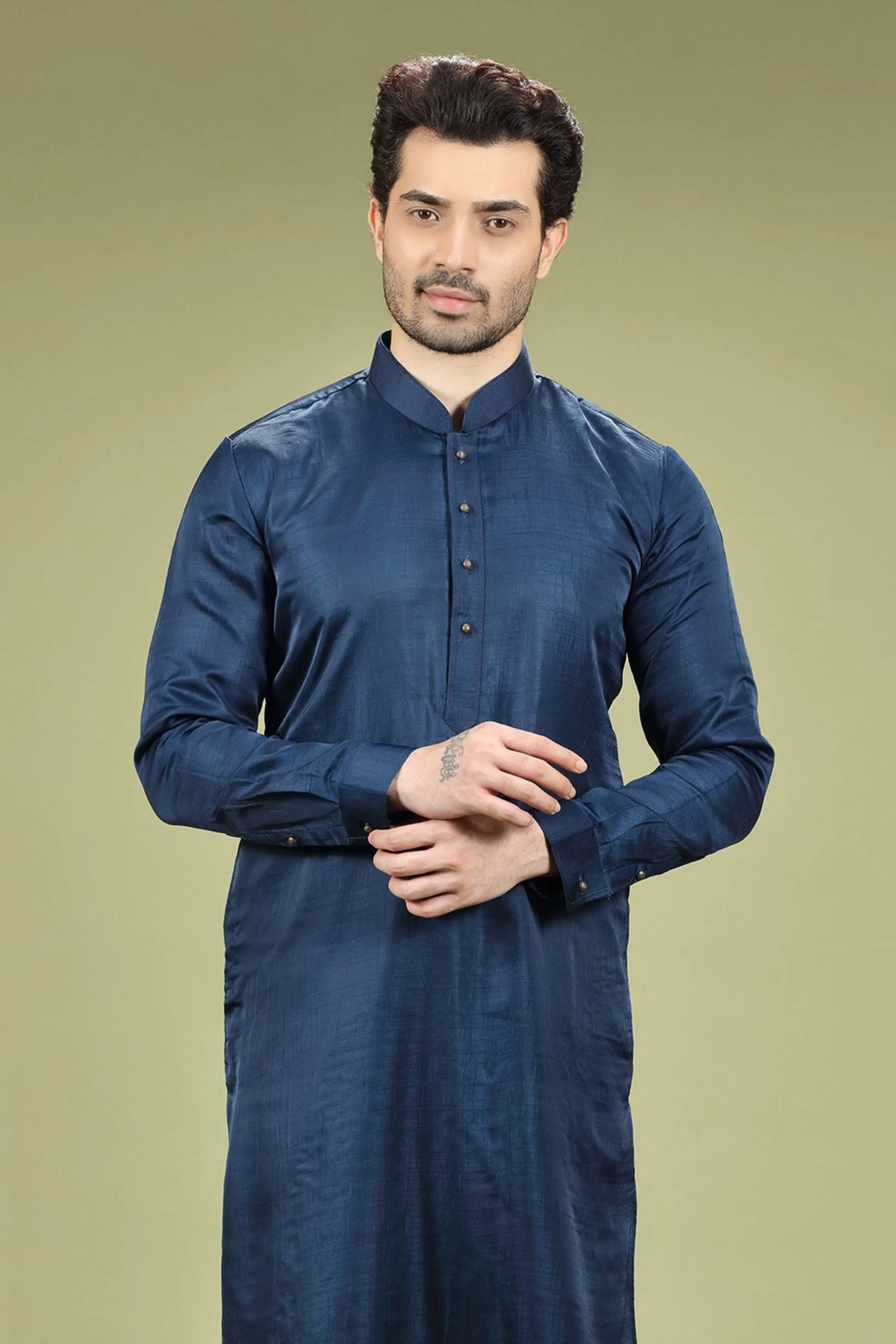 Navy Blue Solid Linen Kurta Set Designed by Kora (Nilesh Mitesh)