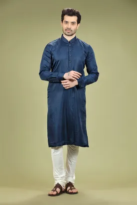 Navy Blue Solid Linen Kurta Set Designed by Kora (Nilesh Mitesh)