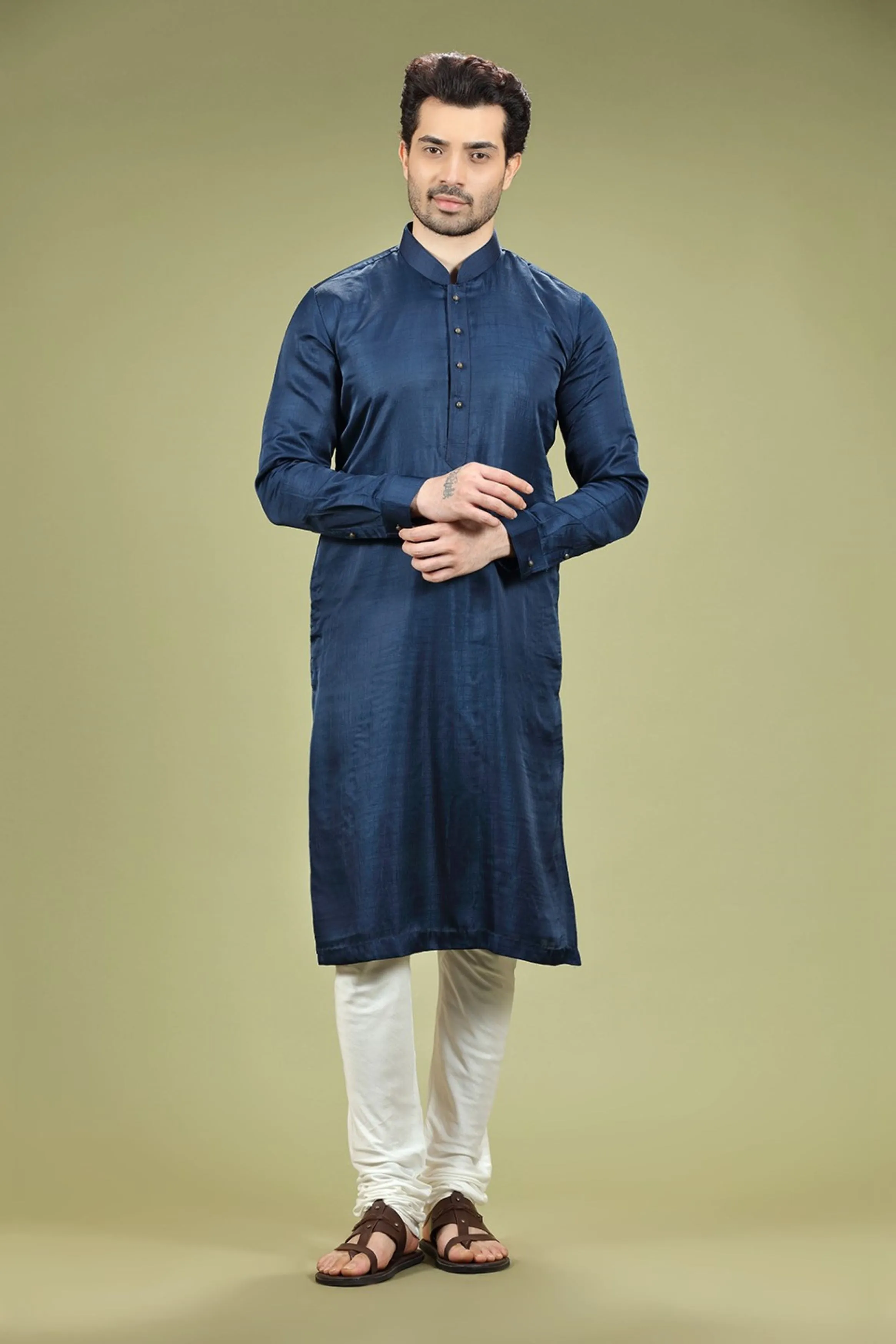 Navy Blue Solid Linen Kurta Set Designed by Kora (Nilesh Mitesh)