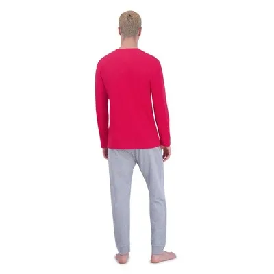 New - Hanes Originals Men's 2pc Super Soft French Terry Joggers   Long Sleeve Slub Crewneck Sleep Pajama Set - Red/Heathered Gray L