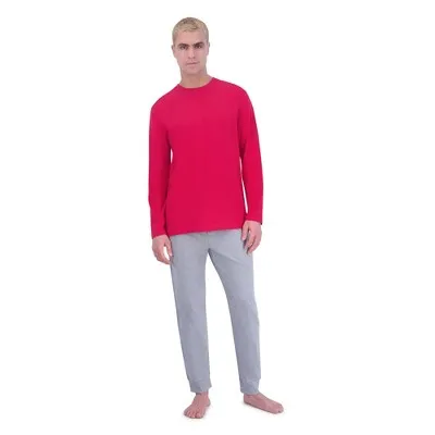 New - Hanes Originals Men's 2pc Super Soft French Terry Joggers   Long Sleeve Slub Crewneck Sleep Pajama Set - Red/Heathered Gray L