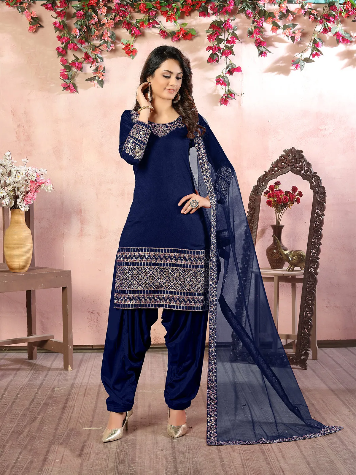 Odette Blue Art Silk Embroidered Semi stitched Kurta Set For Women