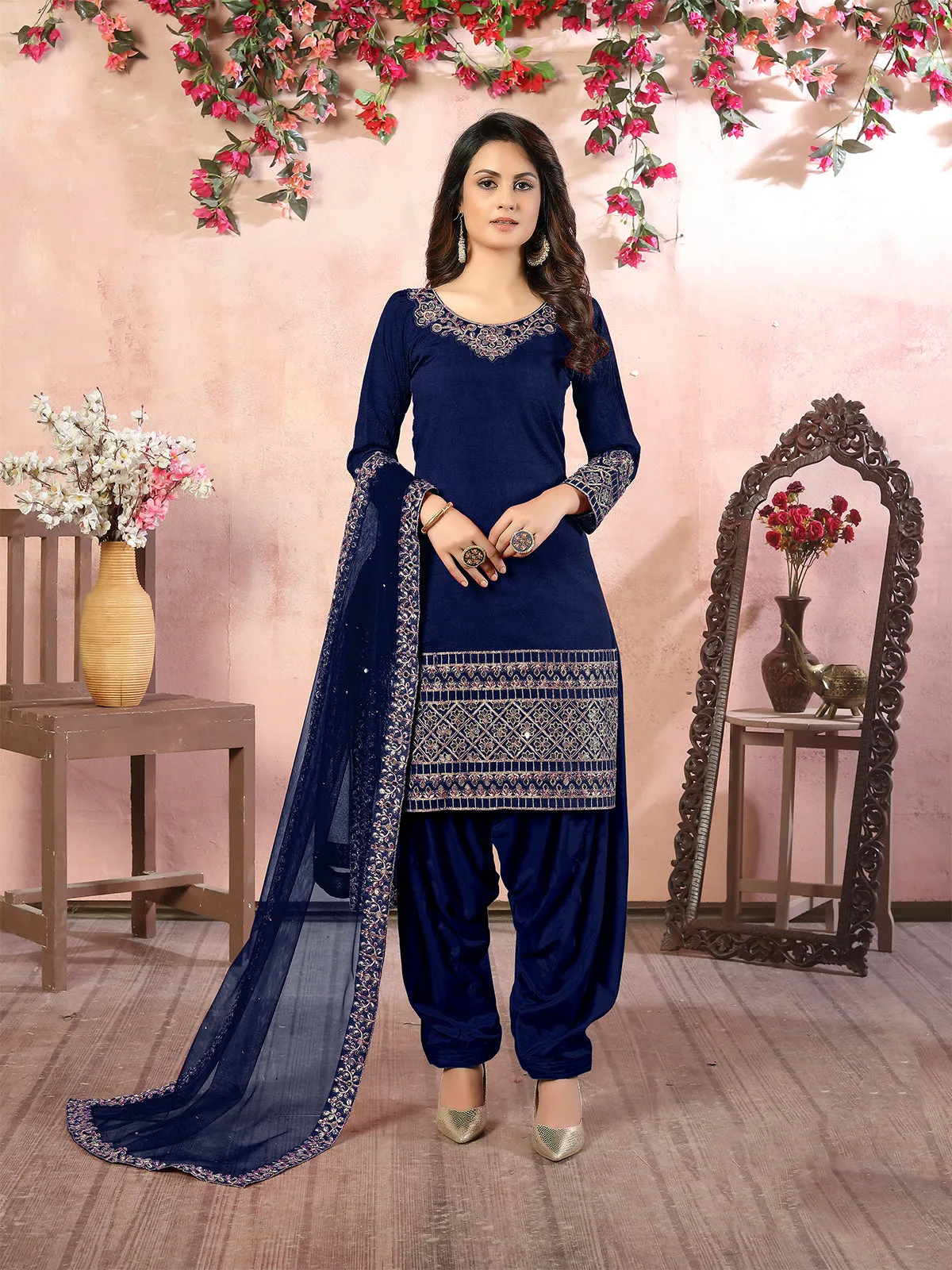 Odette Blue Art Silk Embroidered Semi stitched Kurta Set For Women