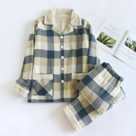 Off White Cotton Flannel Plaid Pajama Set